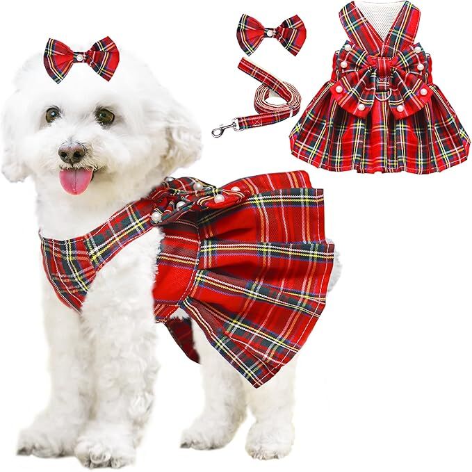 pet products Dog Dress Bowknot Harness Leash Set for Small Dogs Girl Cute Plaid Dog Dress Pearls Bow Tie Spring Summer Princess Clothes Birthday Holiday Doggie Outfits for Puppy Cats Girl Apparel - Image 6