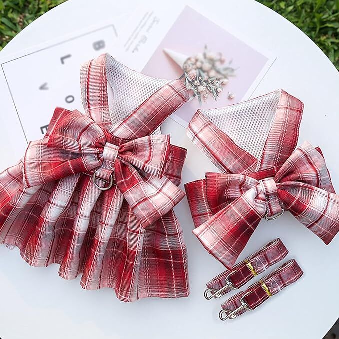 pet products Dog Dress Bowknot Harness Leash Set for Small Dogs Girl Cute Plaid Dog Dress Pearls Bow Tie Spring Summer Princess Clothes Birthday Holiday Doggie Outfits for Puppy Cats Girl Apparel - Image 2