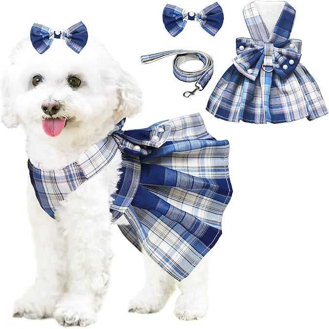 pet products Dog Dress Bowknot Harness Leash Set for Small Dogs Girl Cute Plaid Dog Dress Pearls Bow Tie Spring Summer Princess Clothes Birthday Holiday Doggie Outfits for Puppy Cats Girl Apparel - Image 9