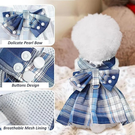 pet products Dog Dress Bowknot Harness Leash Set for Small Dogs Girl Cute Plaid Dog Dress Pearls Bow Tie Spring Summer Princess Clothes Birthday Holiday Doggie Outfits for Puppy Cats Girl Apparel - Image 8