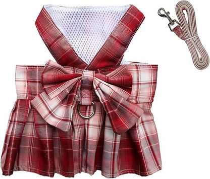 pet products Dog Dress Bowknot Harness Leash Set for Small Dogs Girl Cute Plaid Dog Dress Pearls Bow Tie Spring Summer Princess Clothes Birthday Holiday Doggie Outfits for Puppy Cats Girl Apparel - Image 3