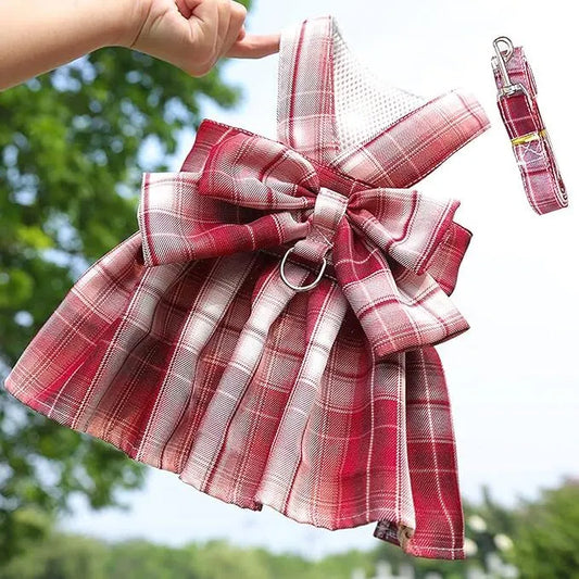 pet products Dog Dress Bowknot Harness Leash Set for Small Dogs Girl Cute Plaid Dog Dress Pearls Bow Tie Spring Summer Princess Clothes Birthday Holiday Doggie Outfits for Puppy Cats Girl Apparel - Image 5