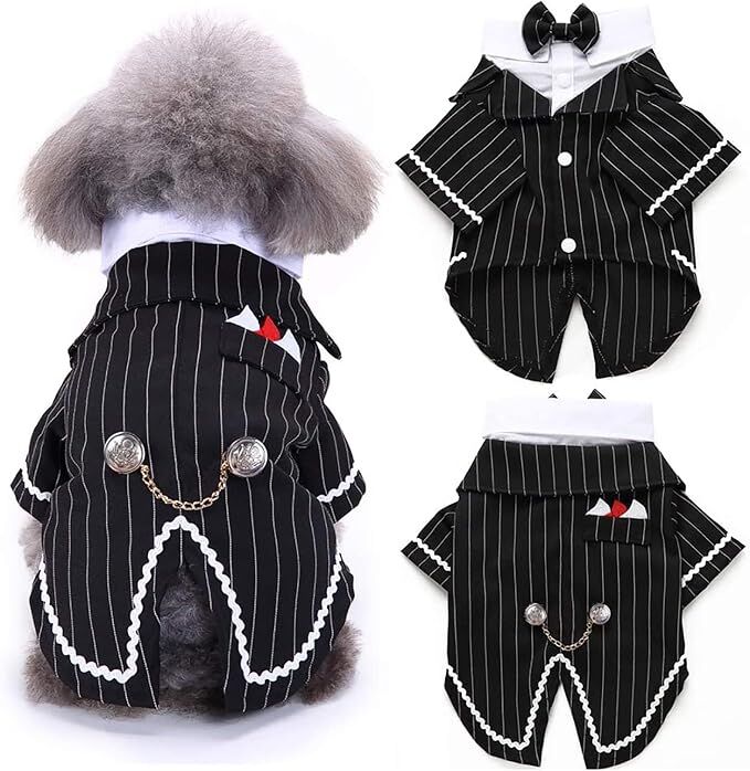 pet products Dog Cat Tuxedo Suit with Bow Tie - Formal Black & White Striped Pet Costume Shirt, Elegant Wedding Outfit Birthday Party Attire for Maltese Dachshund Yorkie Puppies Shih Tzu Small Medium Dogs and cats - Image 3