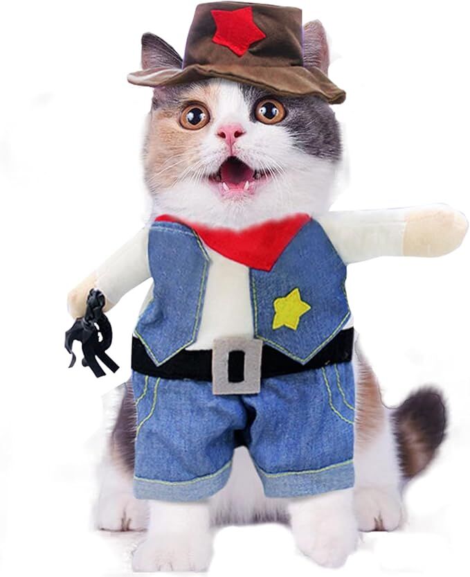 pet products Small Dog Cowboy Costume with Hat 2pcs Funny Halloween Chucky Costumes Cool West Cowboy Uniform Puppy Denim Overalls Western Cosplay Sheriff Outfits Cat Apparel - Image 2