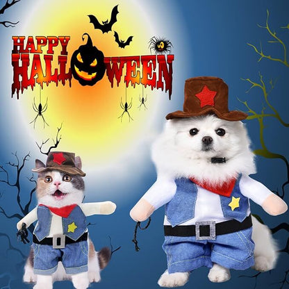 pet products Small Dog Cowboy Costume with Hat 2pcs Funny Halloween Chucky Costumes Cool West Cowboy Uniform Puppy Denim Overalls Western Cosplay Sheriff Outfits Cat Apparel - Image 3