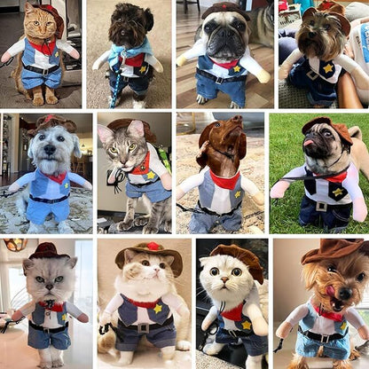 pet products Small Dog Cowboy Costume with Hat 2pcs Funny Halloween Chucky Costumes Cool West Cowboy Uniform Puppy Denim Overalls Western Cosplay Sheriff Outfits Cat Apparel - Image 6