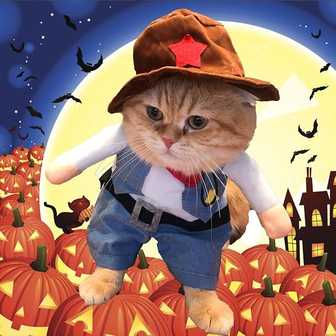 pet products Small Dog Cowboy Costume with Hat 2pcs Funny Halloween Chucky Costumes Cool West Cowboy Uniform Puppy Denim Overalls Western Cosplay Sheriff Outfits Cat Apparel - Image 7