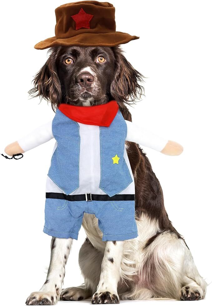pet products Small Dog Cowboy Costume with Hat 2pcs Funny Halloween Chucky Costumes Cool West Cowboy Uniform Puppy Denim Overalls Western Cosplay Sheriff Outfits Cat Apparel - Image 9