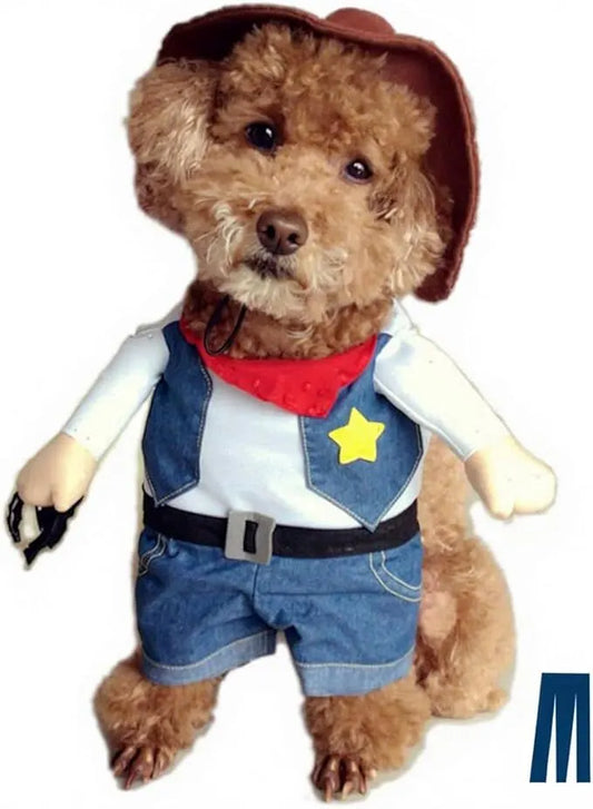 pet products Small Dog Cowboy Costume with Hat 2pcs Funny Halloween Chucky Costumes Cool West Cowboy Uniform Puppy Denim Overalls Western Cosplay Sheriff Outfits Cat Apparel - Image 2