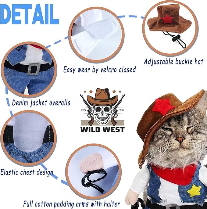 pet products Small Dog Cowboy Costume with Hat 2pcs Funny Halloween Chucky Costumes Cool West Cowboy Uniform Puppy Denim Overalls Western Cosplay Sheriff Outfits Cat Apparel - Image 4