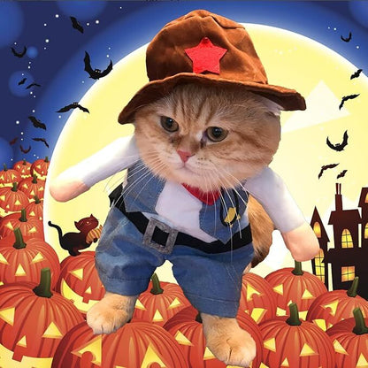 pet products Small Dog Cowboy Costume with Hat 2pcs Funny Halloween Chucky Costumes Cool West Cowboy Uniform Puppy Denim Overalls Western Cosplay Sheriff Outfits Cat Apparel - Image 7