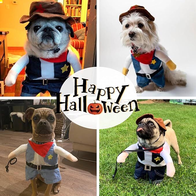 pet products Small Dog Cowboy Costume with Hat 2pcs Funny Halloween Chucky Costumes Cool West Cowboy Uniform Puppy Denim Overalls Western Cosplay Sheriff Outfits Cat Apparel - Image 8
