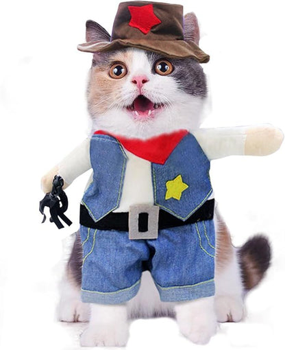 pet products Small Dog Cowboy Costume with Hat 2pcs Funny Halloween Chucky Costumes Cool West Cowboy Uniform Puppy Denim Overalls Western Cosplay Sheriff Outfits Cat Apparel - Image 2