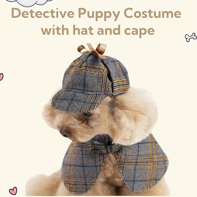 Pet products Dog Costume-Cute Detective Pet Clothes Set Halloween Cosplay Party Outfit Winter Fashion Cape Cloak Hat for Small Medium Dog & Cat Kitten - Image 2