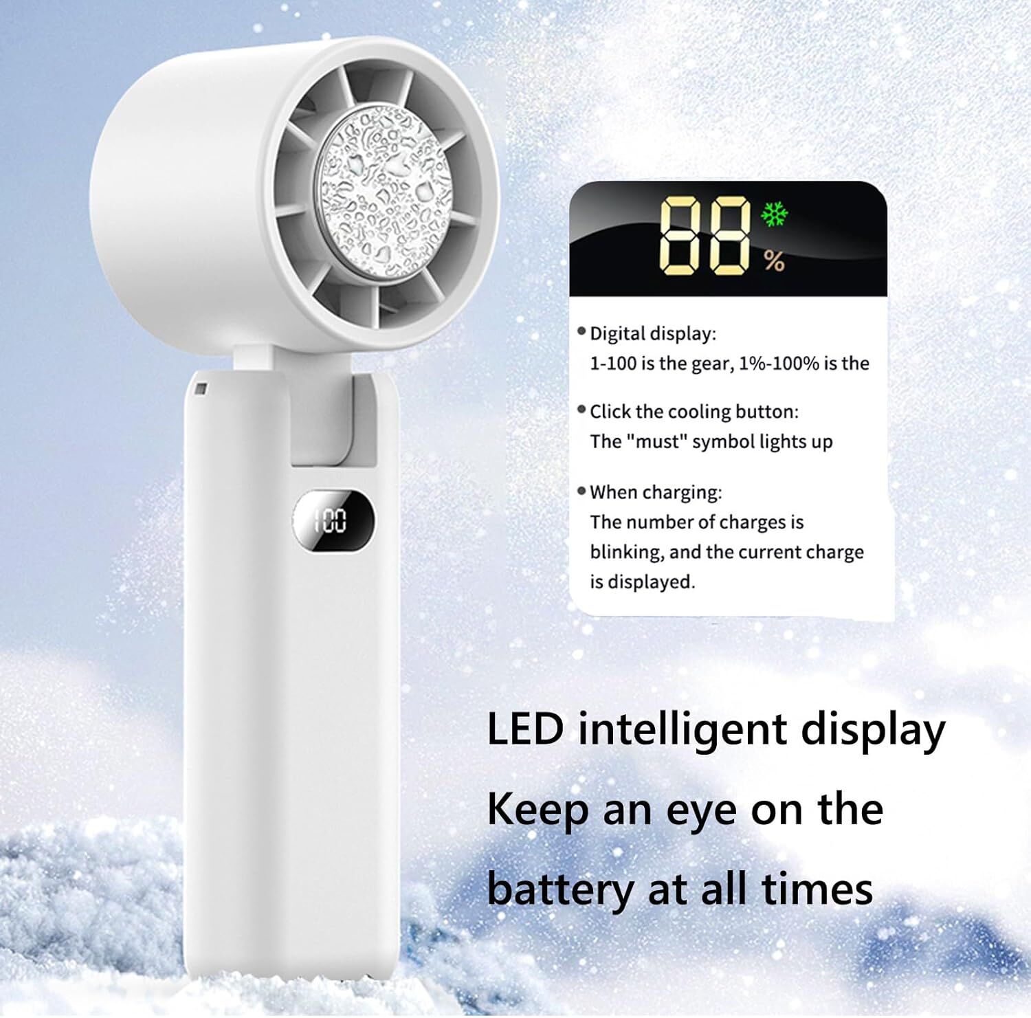 Portable Handheld Turbo Fan with Cooling Tech, Digital Display, 100-Speed Control, Rechargeable 4-in-1 Personal Fan for Travel, Outdoor, Office (White) - Image 5