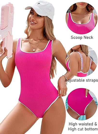 Women's Red One Piece Swimsuit with White Trim: Adjustable Strap, Ribbed, High Cut for Sports & Beach（S） - Image 3