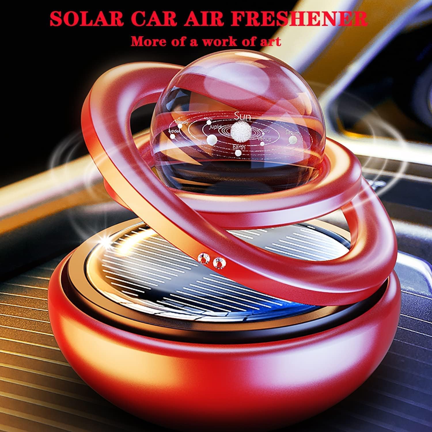 Red Solar-Powered Rotating Car Air Freshener: Space-Themed Dashboard Decor with Ocean Scent & 16 Cologne Pads - Image 6