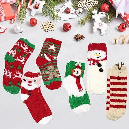 Christmas Socks - 6 Pairs Cozy Warm Fluffy Plush Bed Socks for Women, Girls - Cute Coral Fleece Xmas Indoor - Image 2