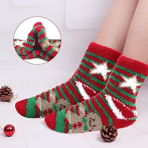 Christmas Socks - 6 Pairs Cozy Warm Fluffy Plush Bed Socks for Women, Girls - Cute Coral Fleece Xmas Indoor - Image 3