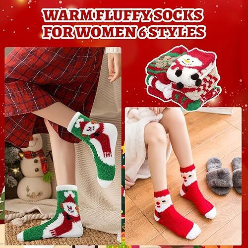 Christmas Socks - 6 Pairs Cozy Warm Fluffy Plush Bed Socks for Women, Girls - Cute Coral Fleece Xmas Indoor - Image 4