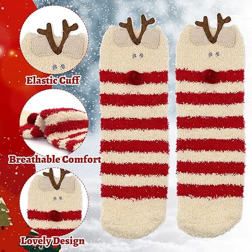 Christmas Socks - 6 Pairs Cozy Warm Fluffy Plush Bed Socks for Women, Girls - Cute Coral Fleece Xmas Indoor - Image 6