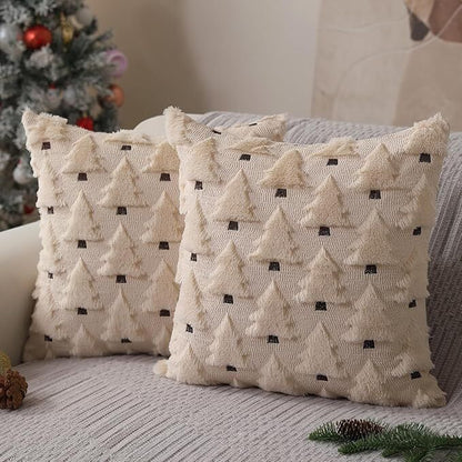 Christmas Pillow Covers 18x18 inch Set of 2 Black Christmas Decorations Soft Plush Faux Fur Wool Xmas Tree Throw Pillow Cases Winter Holiday Decor for Sofa Living Room - Image 3