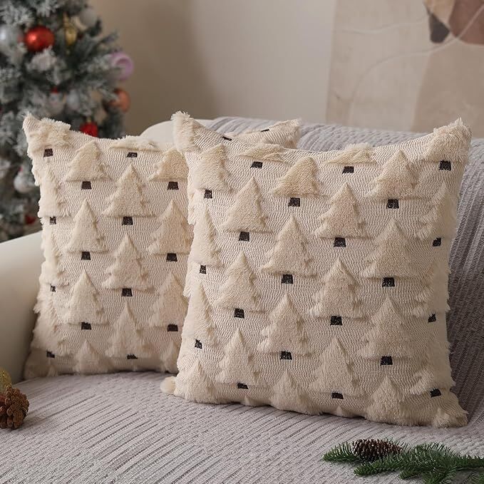 Christmas Pillow Covers 18x18 inch Set of 2 Black Christmas Decorations Soft Plush Faux Fur Wool Xmas Tree Throw Pillow Cases Winter Holiday Decor for Sofa Living Room - Image 6