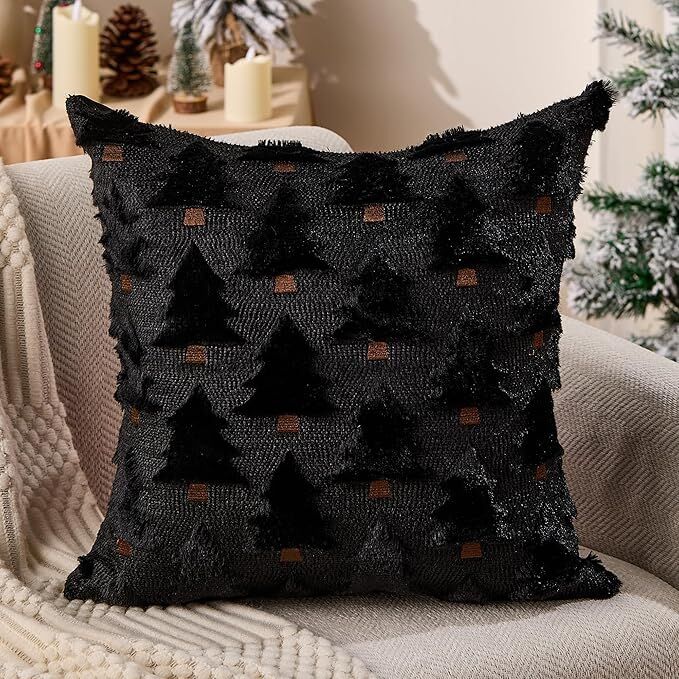 Christmas Pillow Covers 18x18 inch Set of 2 Black Christmas Decorations Soft Plush Faux Fur Wool Xmas Tree Throw Pillow Cases Winter Holiday Decor for Sofa Living Room - Image 8