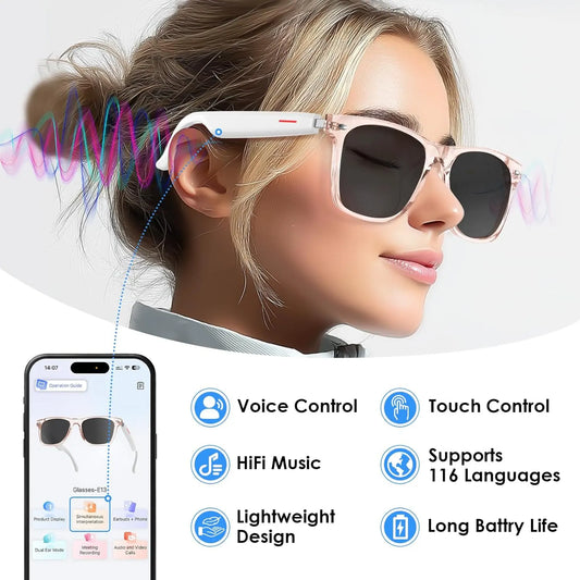 AI Smart Translation Sunglasses: UV400, Bluetooth, 110+ Languages, Voice Control – Ideal for Travel & Work (Pink) - Image 2