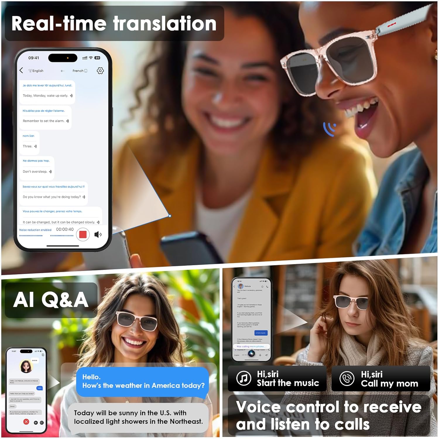 AI Smart Translation Sunglasses: UV400, Bluetooth, 110+ Languages, Voice Control – Ideal for Travel & Work (Pink) - Image 3