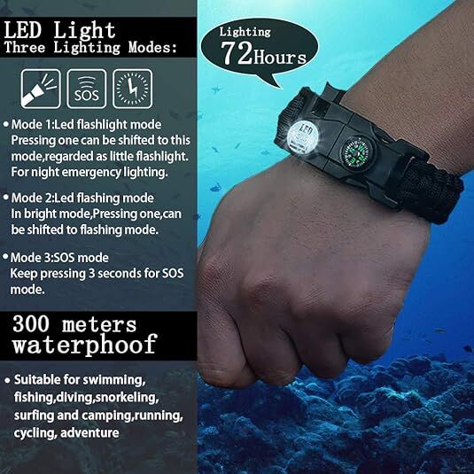 21 in 1 Survival Bracelet, Paracord Emergency Outdoor Sports Wristband Kit Waterproof Compass, SOS LED Light, Thermometer, Rescue Whistle, Fire Starter. Multi 21 Tools (Black 2 Pc) - Image 2