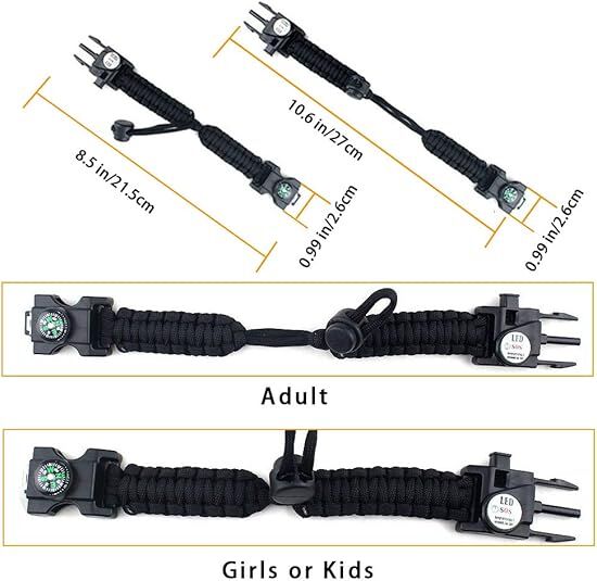 21 in 1 Survival Bracelet, Paracord Emergency Outdoor Sports Wristband Kit Waterproof Compass, SOS LED Light, Thermometer, Rescue Whistle, Fire Starter. Multi 21 Tools (Black 2 Pc) - Image 4