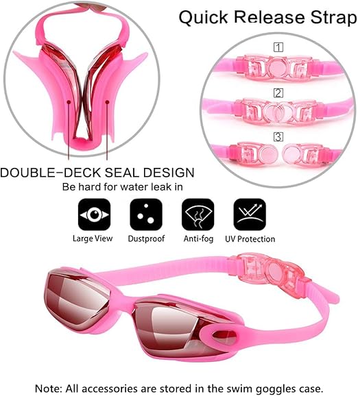 Pink Swim Goggles Set with Cap, Nose Clip, Earplugs & Case: Anti-Fog UV Protection for Men & Women - Image 2