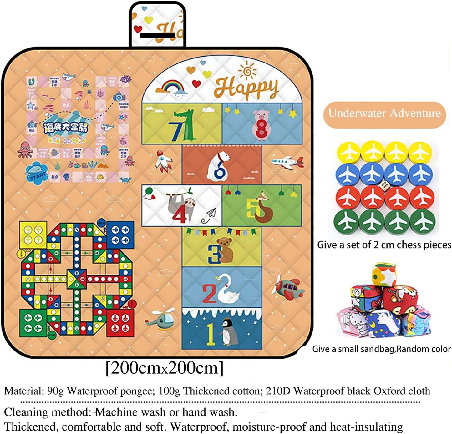 Waterproof Picnic Blanket with Flying Chess Game: 80''x80'' Extra Large, Foldable for Australian Camping, Beach & Family Gatherings - Image 2