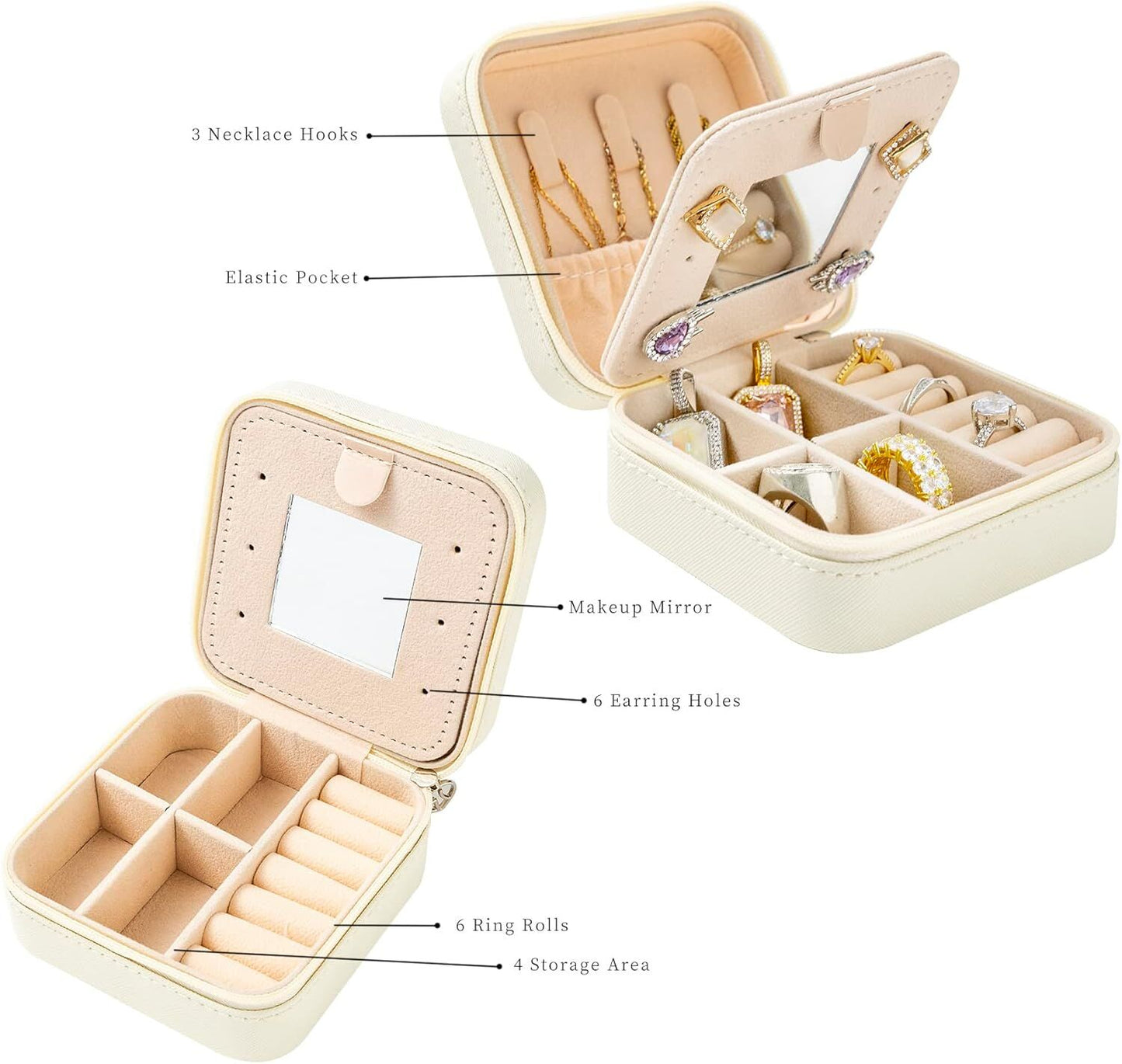 White Travel Jewelry Box with Mirror: Compact, Organised Storage for Rings, Necklaces & Earrings, Ideal for Aussies - Image 3