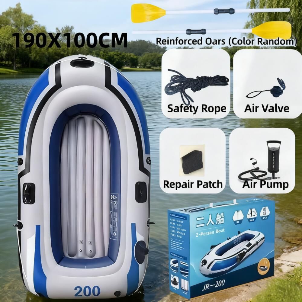 2-Person Inflatable Boat: 190x100cm Thick PVC Raft for Lakes/Pools – 180kg Capacity with Oars & Pump - Image 2
