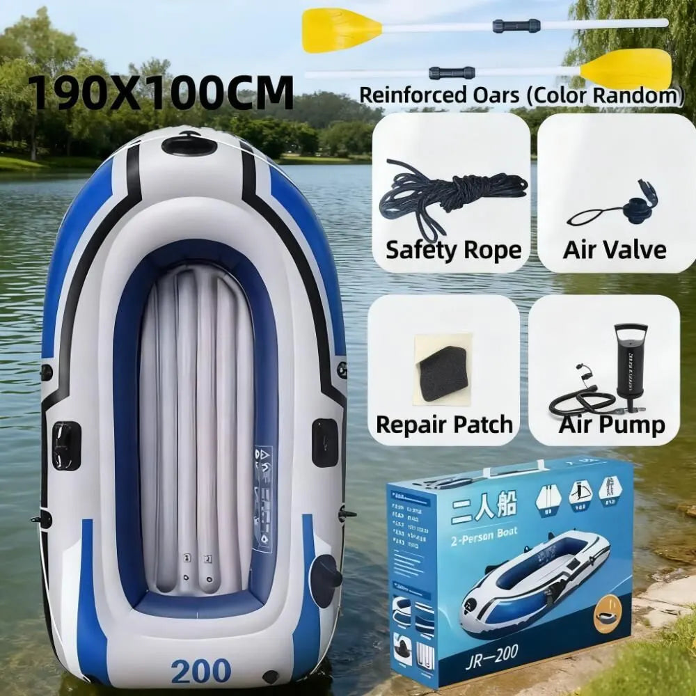 2-Person Inflatable Boat: 190x100cm Thick PVC Raft for Lakes/Pools – 180kg Capacity with Oars & Pump - Image 2