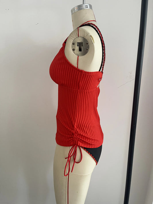 Knitted Hot Red Swimwear Set Featuring a Bold Deep V Cut and Lace-Up Back Detailing Size L - Image 5
