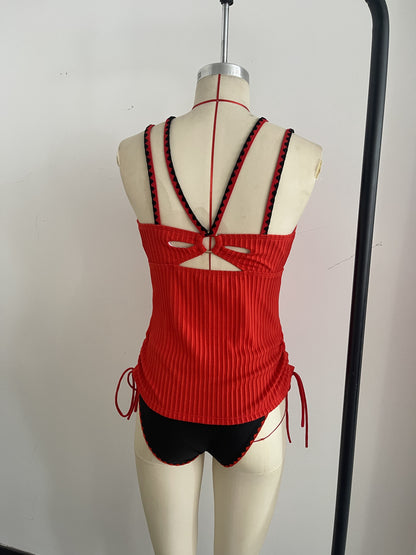 Knitted Hot Red Swimwear Set Featuring a Bold Deep V Cut and Lace-Up Back Detailing Size L - Image 6