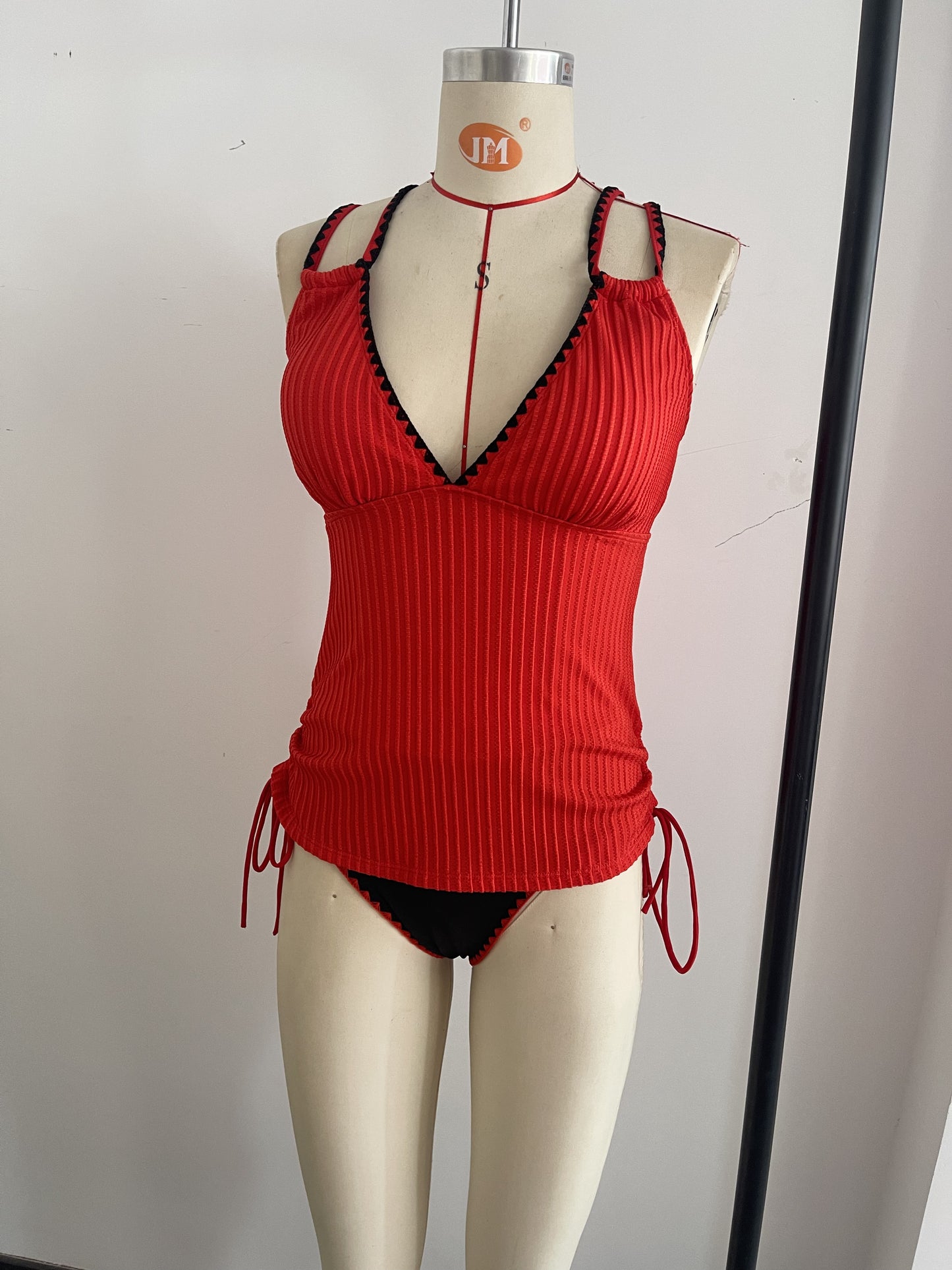 Knitted Hot Red Swimwear Set Featuring a Bold Deep V Cut and Lace-Up Back Detailing Size M - Image 4