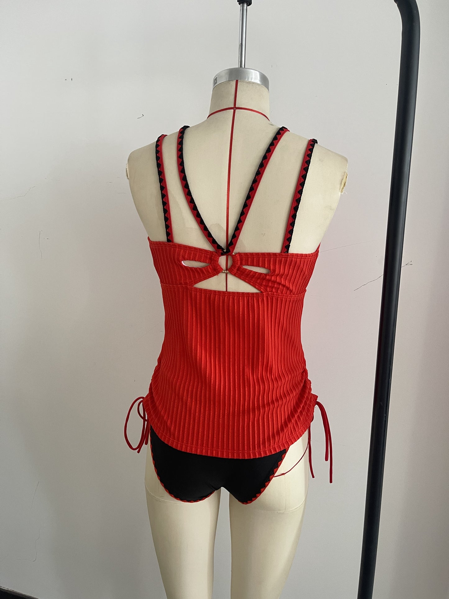 Knitted Hot Red Swimwear Set Featuring a Bold Deep V Cut and Lace-Up Back Detailing Size M - Image 6