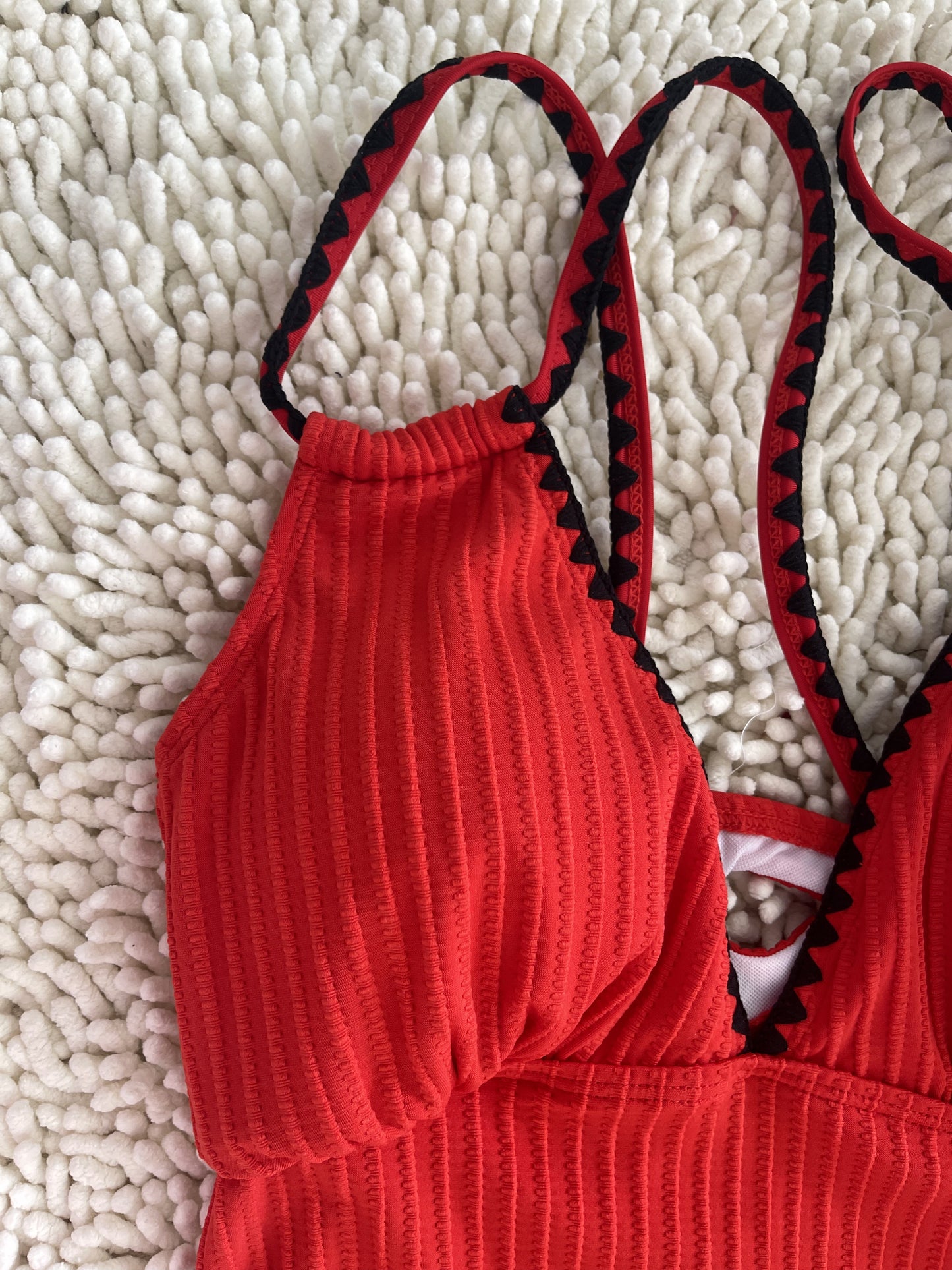 Knitted Hot Red Swimwear Set Featuring a Bold Deep V Cut and Lace-Up Back Detailing Size XL - Image 8
