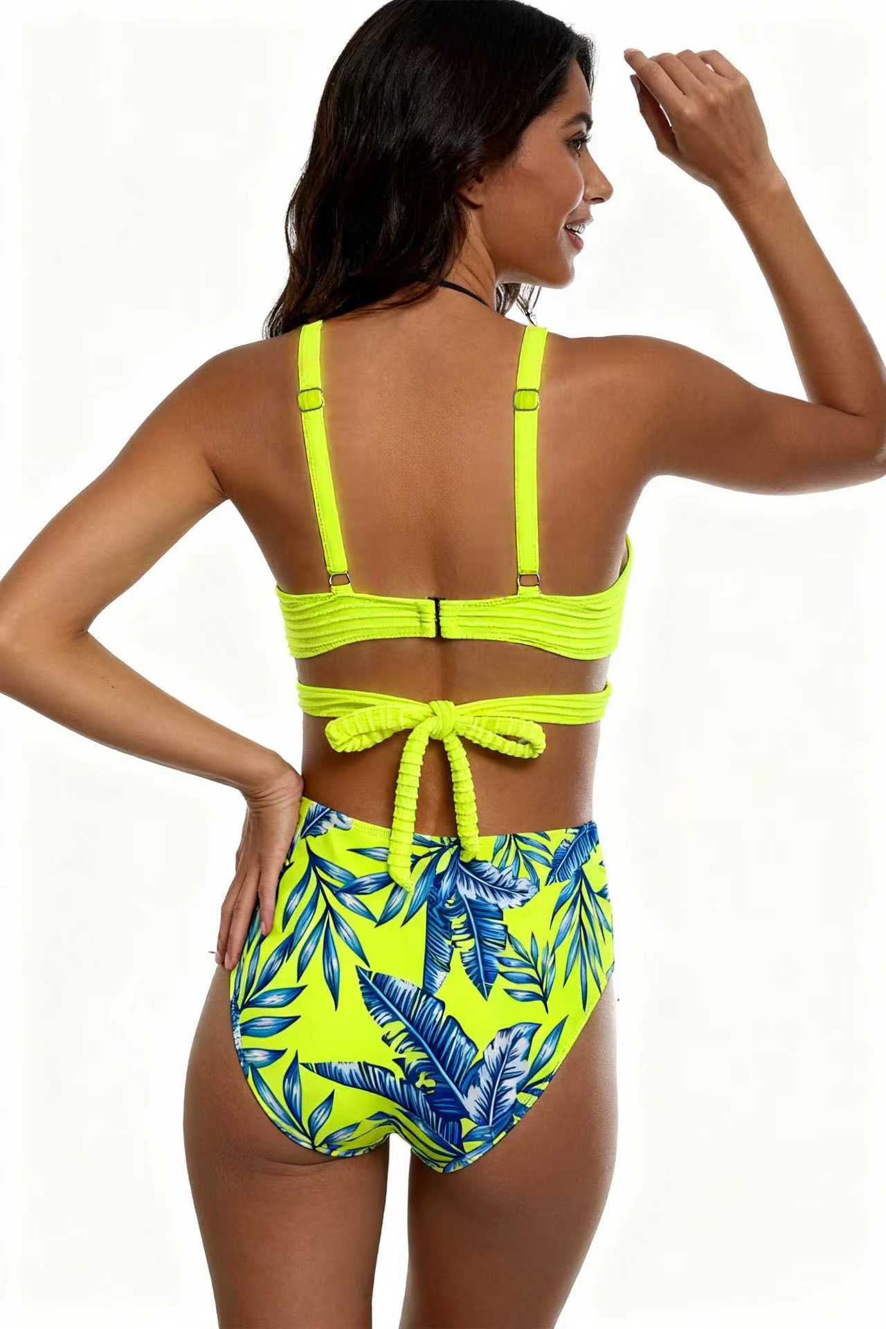 Fluorescent Yellow Crossover Design Bikini Palm Leaf Print Swimwear Size S - Image 2