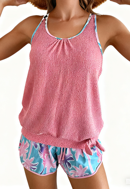 Palm Tree Print Holiday-Style Knit Fabric Two-Piece Swimsuit Size S