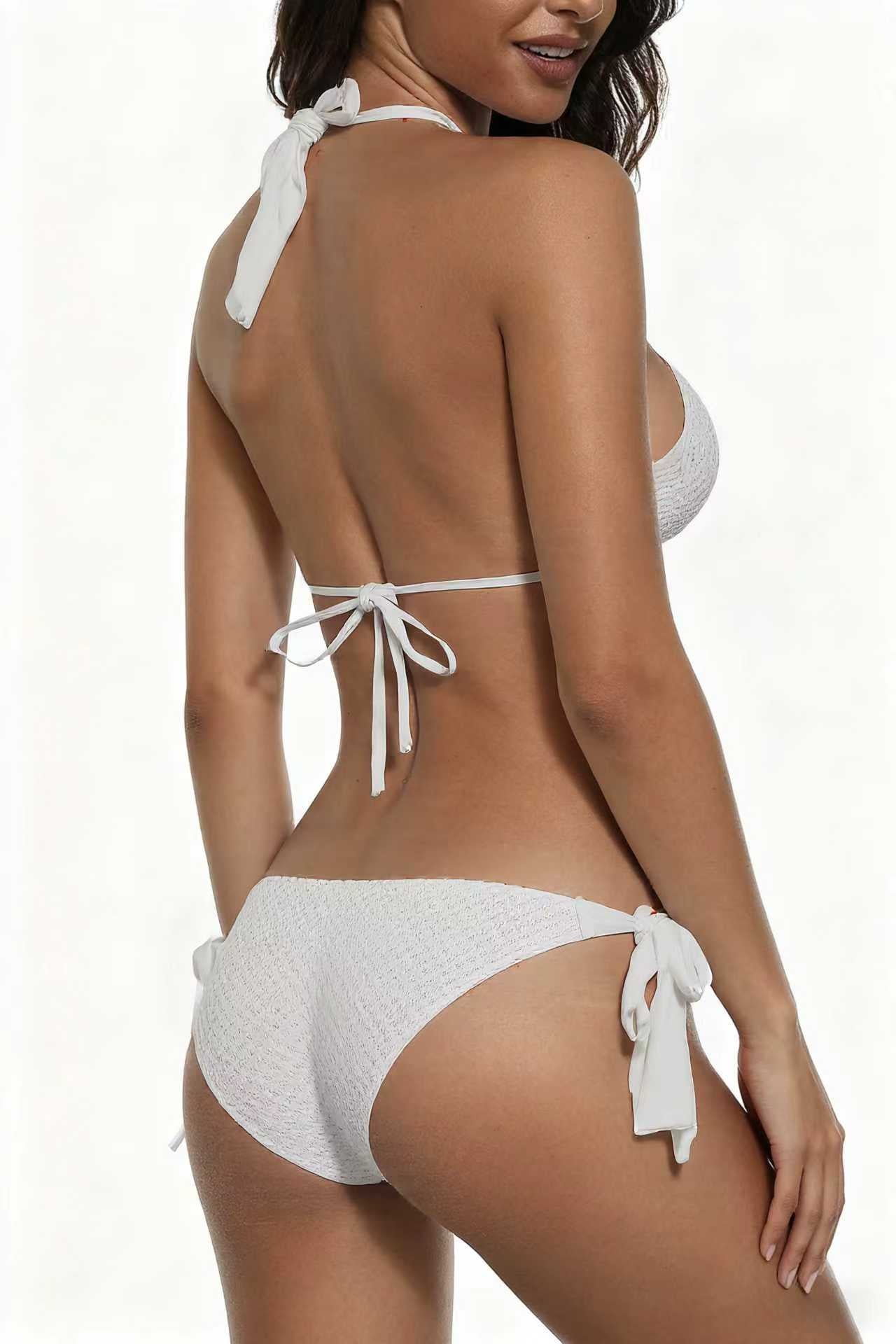 Three-Dimensional Pattern Fabric Bikini White Simple Metal Chain Swimsuit Sexy Deep V Tie Swimwear Size XL - Image 4