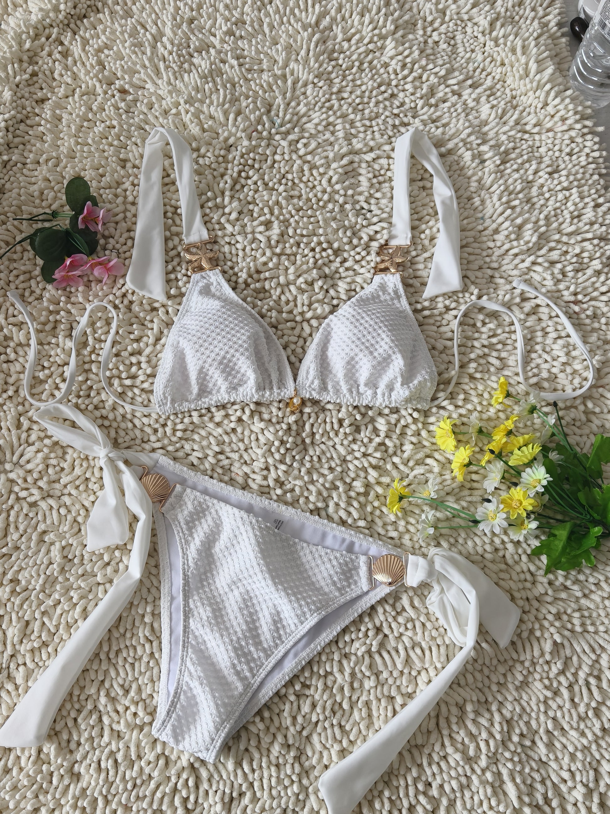 Three-Dimensional Pattern Fabric Bikini White Simple Metal Chain Swimsuit Sexy Deep V Tie Swimwear Size XL - Image 5