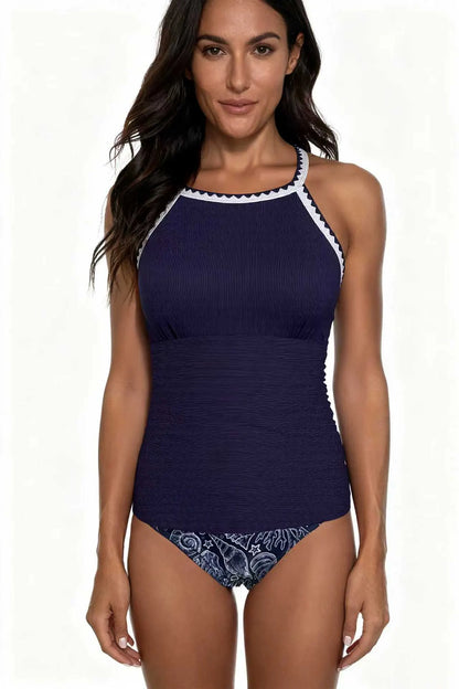 Spot Eco-friendly Fabric Navy Round Neck Swimsuit Sexy Tankini Size M