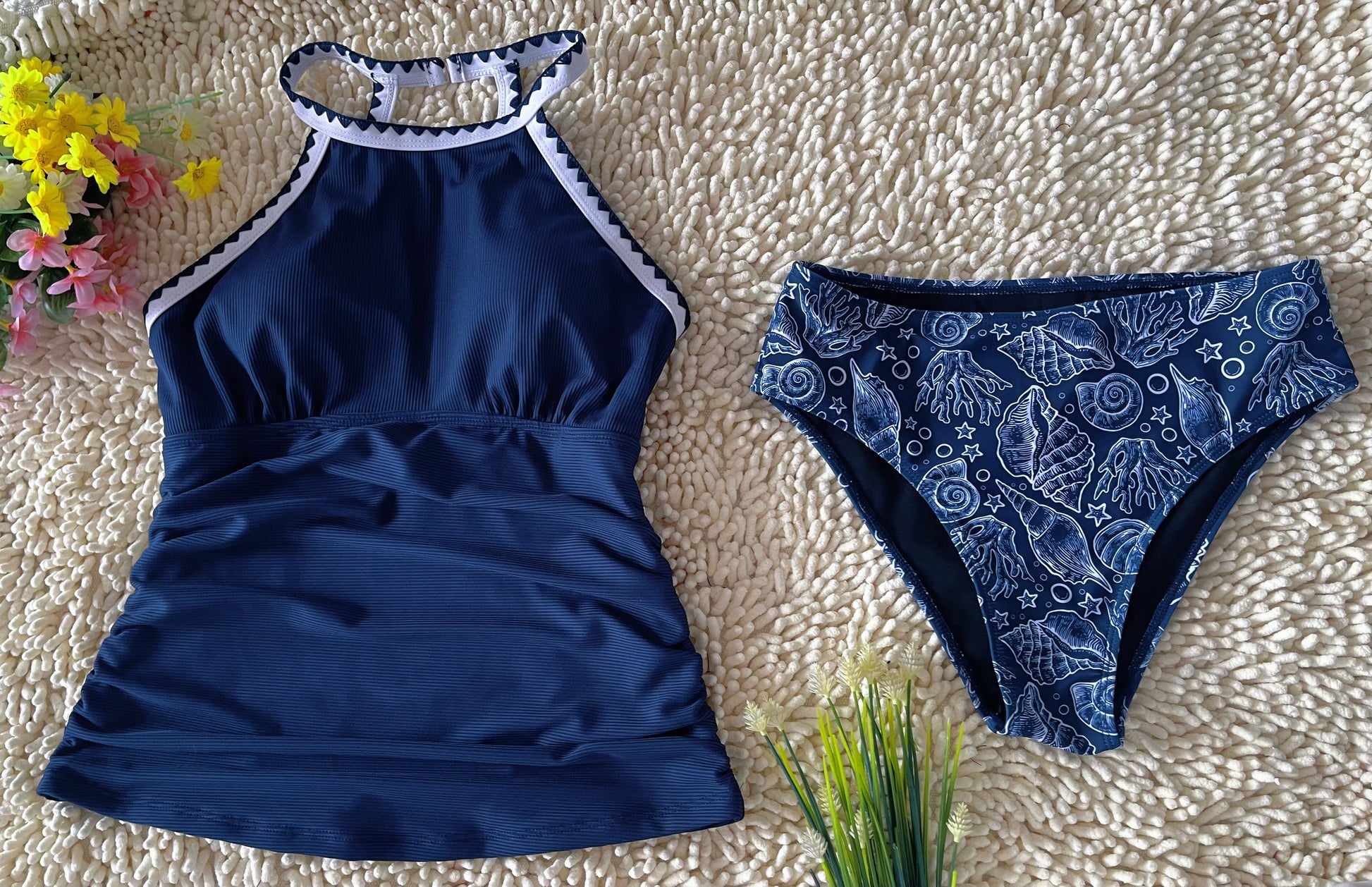 Spot Eco-friendly Fabric Navy Round Neck Swimsuit Sexy Tankini Size M - Image 4