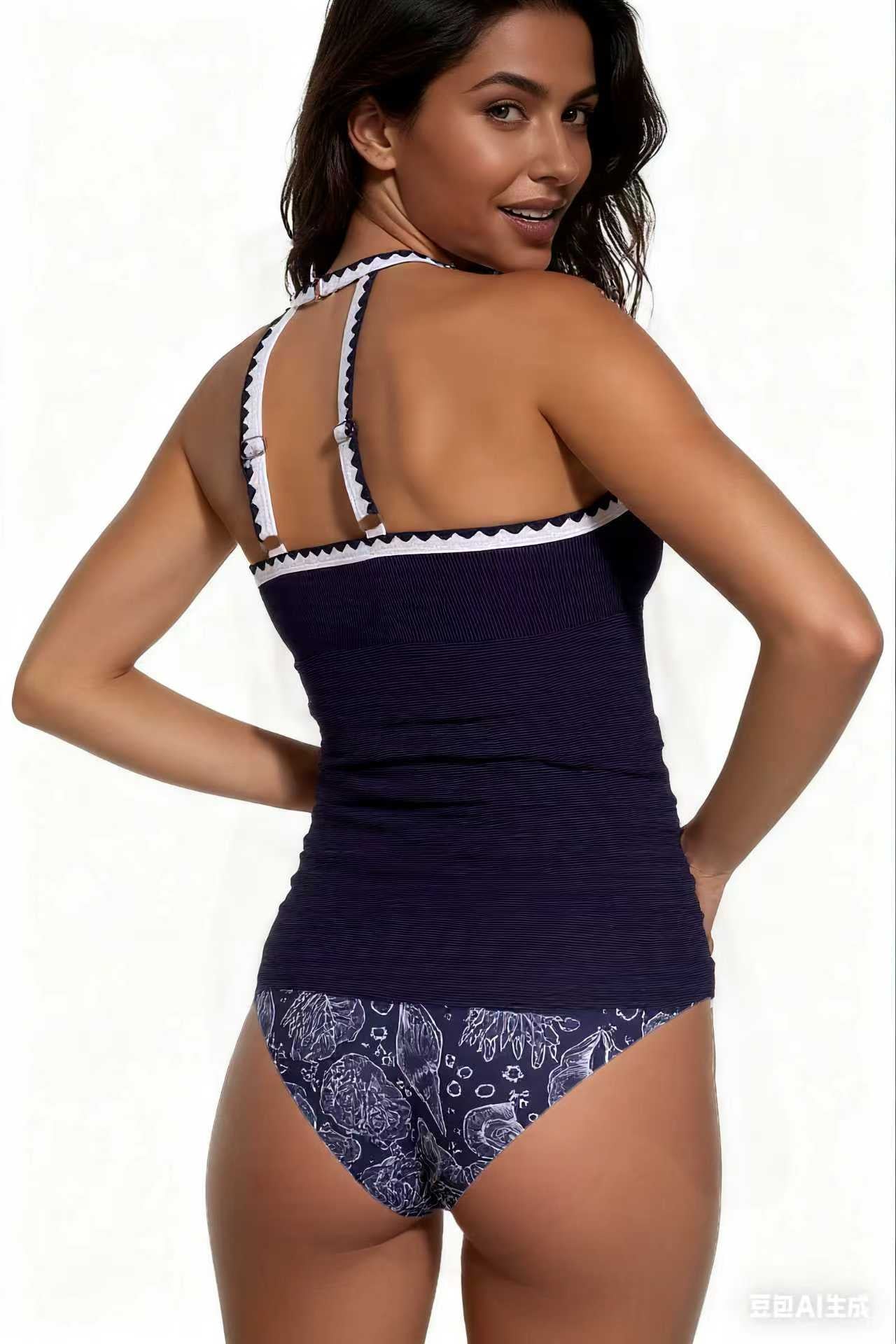 Spot Eco-friendly Fabric Navy Round Neck Swimsuit Sexy Tankini Size XL - Image 3