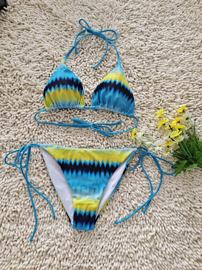 2026 New Bikini Yellow and Blue Color Clash Design Swimsuit Wave Pattern Print Eco-friendly Fabric Size M - Image 4